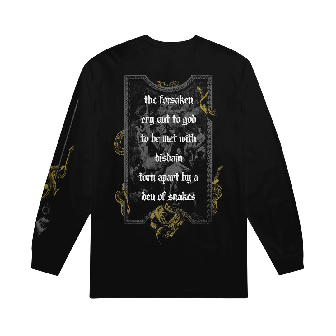 A black Cultist long-sleeve t-shirt by American Apparel with gold snake designs and gothic text on the back: "the forsaken cry out to god to be met with disdain, torn apart by a den of snakes.