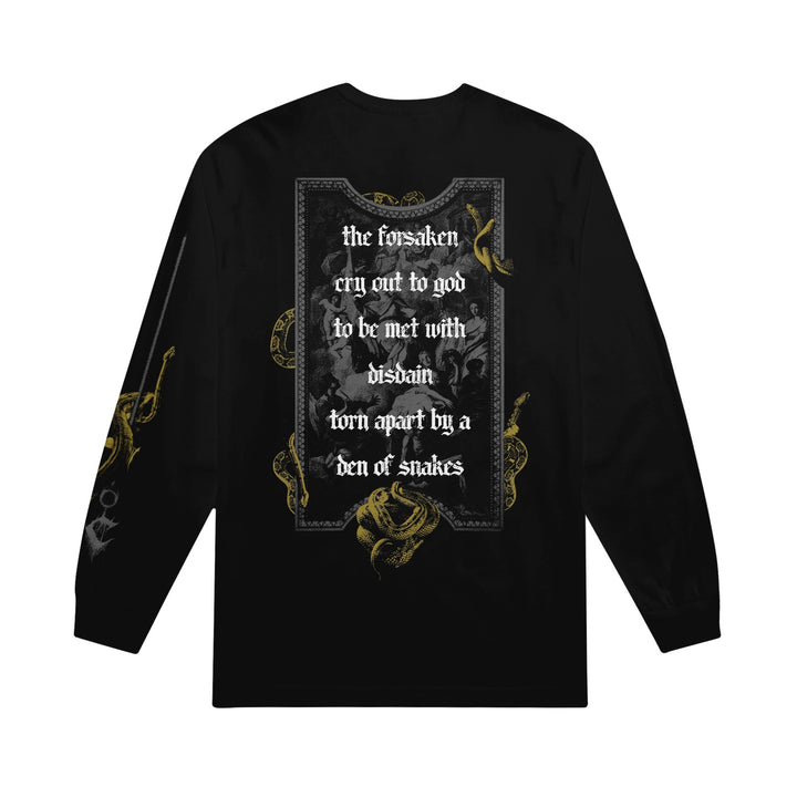 A black Cultist long-sleeve t-shirt by American Apparel with gold snake designs and gothic text on the back: "the forsaken cry out to god to be met with disdain, torn apart by a den of snakes.