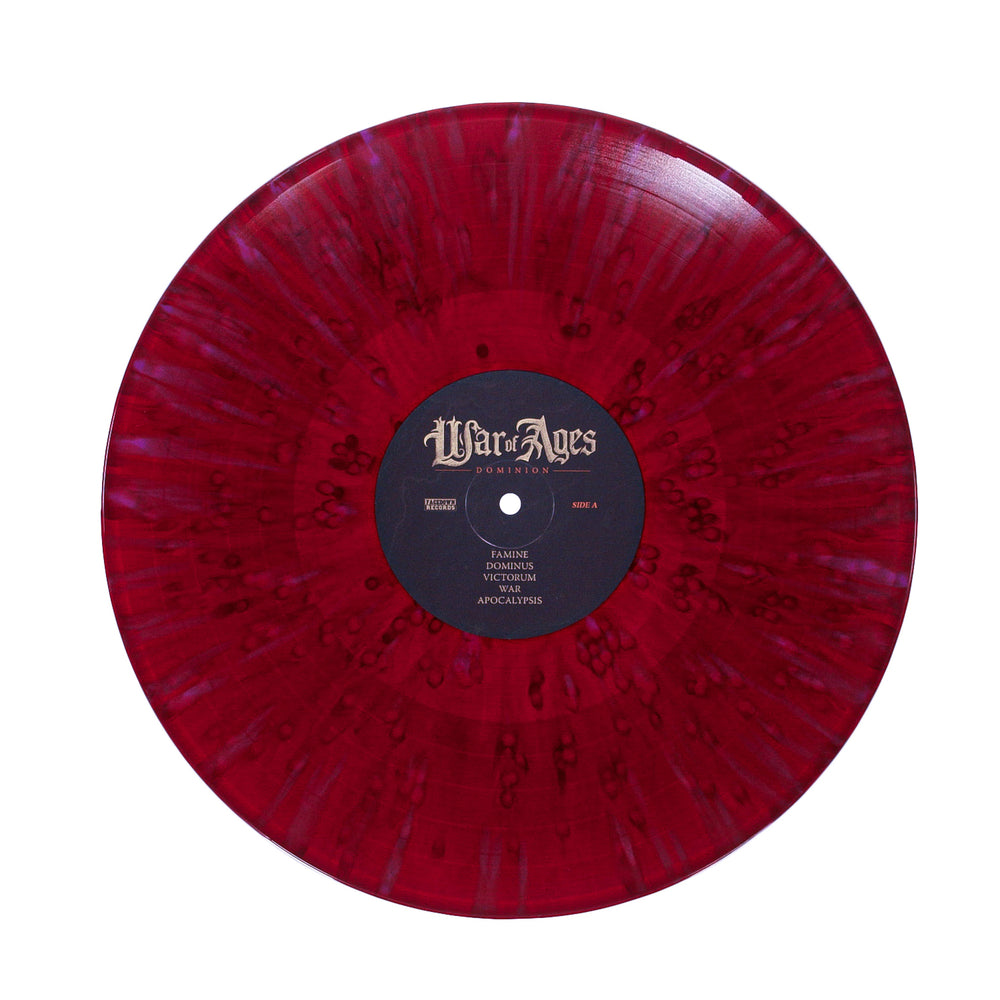 A limited edition red and black marbled vinyl by War Of Ages, with the band name in stylized gold text on the label, featuring Dominion and additional track info.