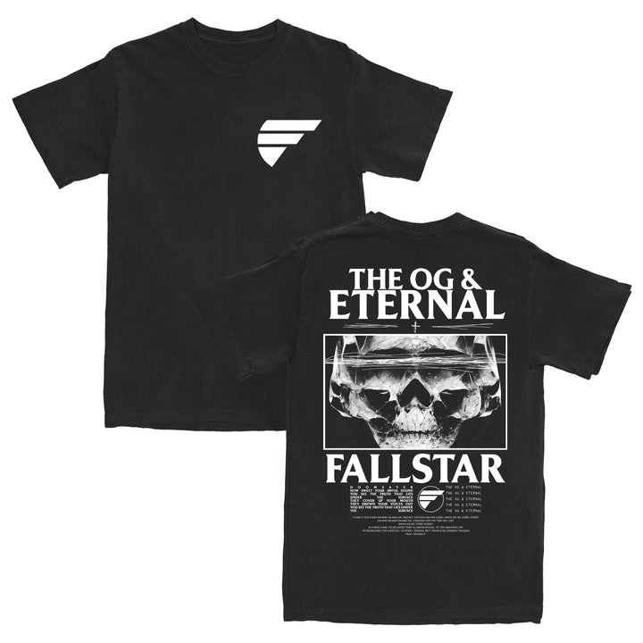Black t-shirt crafted from soft ring-spun cotton for a comfortable feel and modern classic fit. Features a small white logo on the front, while the back displays THE OG & ETERNAL above a large skull graphic, FALLSTAR below, and small text and logo at the bottom. Designed on premium Gildan Softstyle T-Shirts for quality you can trust.