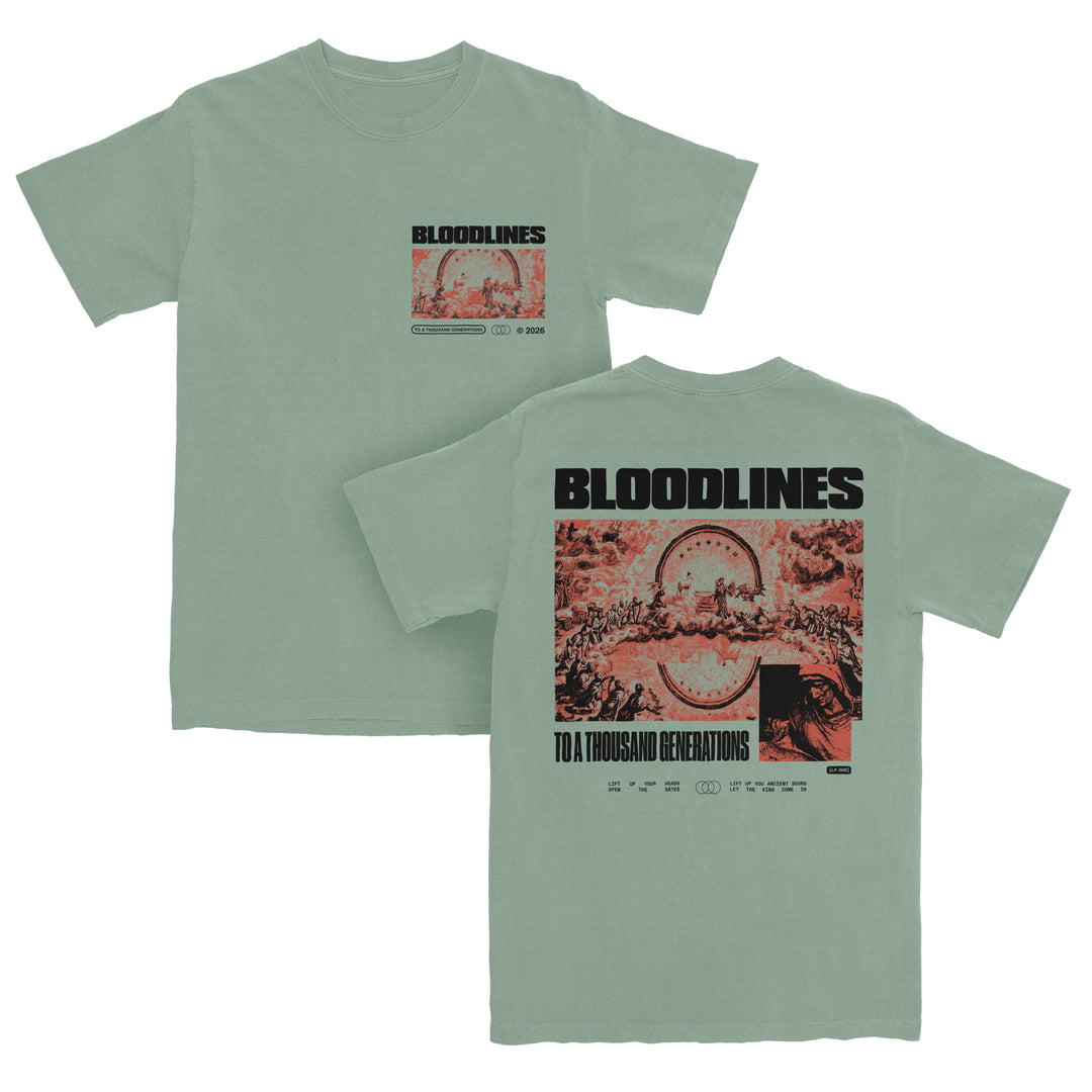 Front and back of a sage green heavyweight garment dyed t-shirt with Bloodlines text and red-toned graphic art. Crafted from premium ring-spun cotton for a relaxed fit, this tee features a large back design with “To a Thousand Generations” and various symbols.