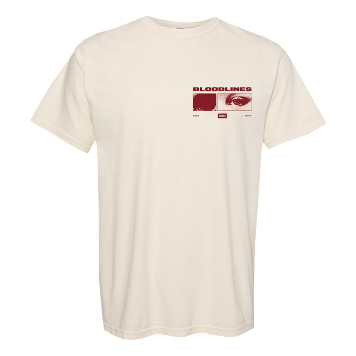 Cream-colored garment-dyed t-shirt with a red graphic on the chest featuring the word BLOODLINES, an eye, a fingerprint, and small text and boxes underneath each image. Made from soft ring-spun cotton for added comfort.