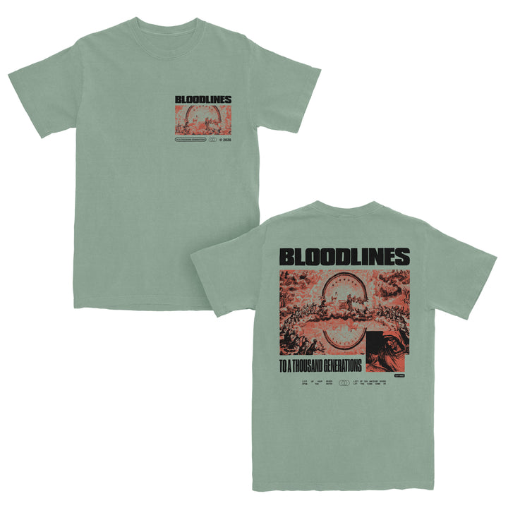 Light green heavyweight garment dyed t-shirt with BLOODLINES text and imagery on front and back. Made from 100% ring-spun cotton in a relaxed fit, it features a small graphic on the front and a large, red-toned scene with arches on the back, accompanied by TO A THOUSAND GENERATIONS text below.