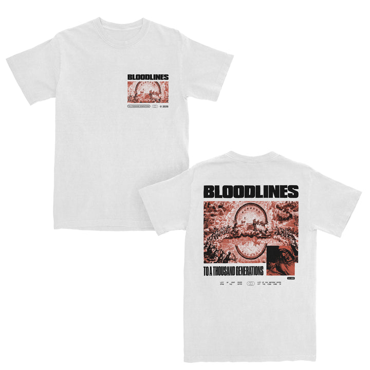 White t-shirt made from 100% cotton with a relaxed fit, featuring BLOODLINES and a sepia-toned image on both front and back. Back text reads BLOODLINES TO A THOUSAND GENERATIONS above an archway scene, while the front showcases a smaller, similar graphic and text. Crafted in the style of heavyweight t-shirts for lasting comfort and durability.