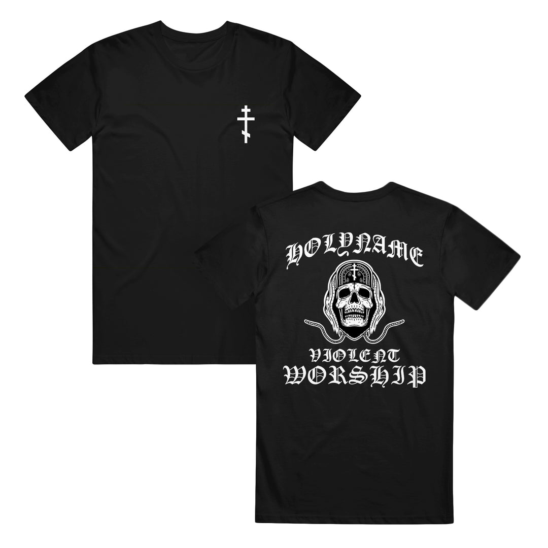 Black t-shirt with a small cross symbol on the front left chest. Crafted from soft ring-spun cotton, this Gildan Softstyle T-Shirt offers a modern classic fit for all-day comfort. The back features a large skull graphic with text HOLYNAME above and VIOLENT WORSHIP below in stylized gothic font.