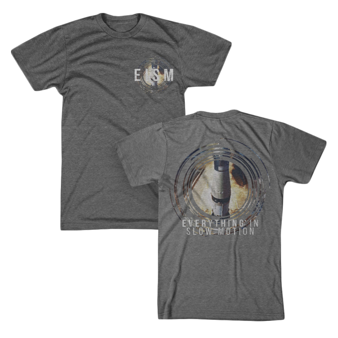 Gray t-shirt with EISM and circular graphic on front left chest. Back features a large microphone design with concentric circles and the words Everything In Slow Motion at the bottom.