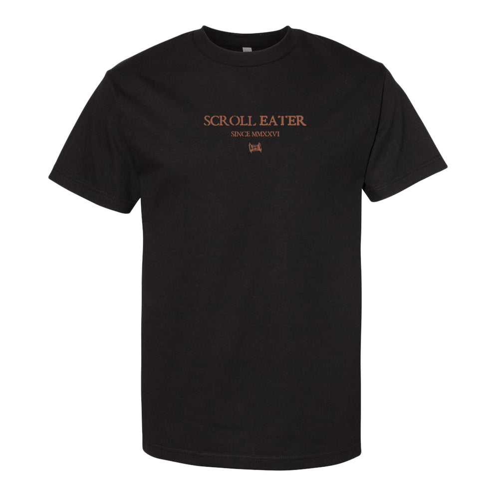 Black t-shirt crafted from 100% cotton with the words SCROLL EATER, SINCE MMXVI, and a small graphic printed in orange on the front center. Inspired by classic heavyweight t-shirts like the American Apparel 1301 for a comfortable and lasting fit.