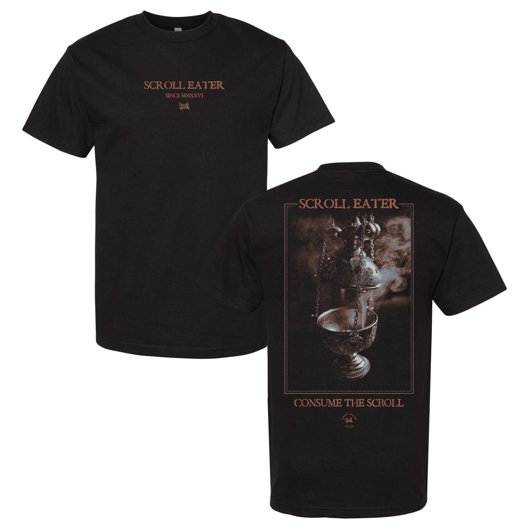 Black heavyweight t-shirt made from 100% cotton, featuring Scroll Eater text on the front. The back showcases a detailed illustration of a smoky urn, with Scroll Eater above and Consume the Scroll below in stylized letters. Crafted using the quality American Apparel 1301 blank for lasting comfort and style.