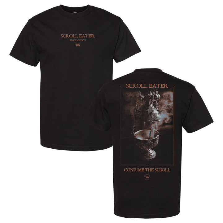 Black heavyweight t-shirt made from 100% cotton, featuring Scroll Eater text on the front. The back showcases a detailed illustration of a smoky urn, with Scroll Eater above and Consume the Scroll below in stylized letters. Crafted using the quality American Apparel 1301 blank for lasting comfort and style.