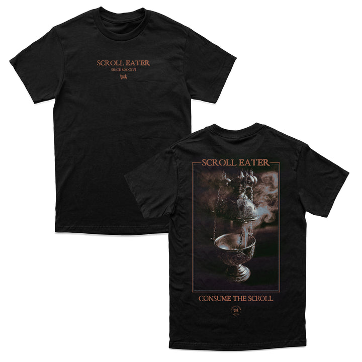 Black heavyweight 100% cotton t-shirt with SCROLL EATER SINCE MMXXVI on the front and an ornate chalice graphic on the back featuring the text SCROLL EATER and CONSUME THE SCROLL.