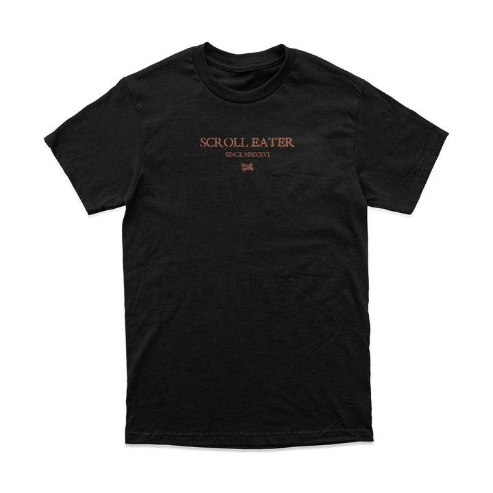 Relaxed fit, heavyweight black t-shirt with SCROLL EATER and SINCE MMXXVI printed in copper text on the chest.