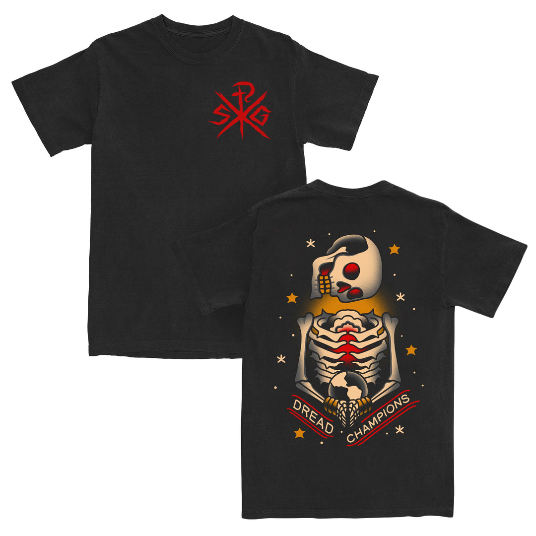Black T-shirt with a red logo on the front chest. Crafted from 100% cotton in an American Apparel relaxed fit, this tee’s back features a skeleton holding a skull, surrounded by stars, with a red banner at the bottom reading Dread Champions.