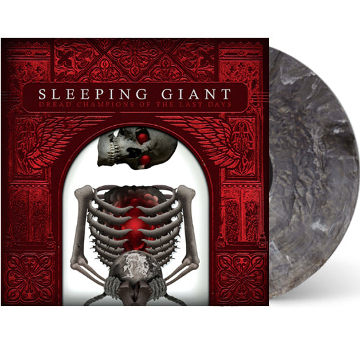 Limited edition Sleeping Giant vinyl in Silver Black Ice Shimmer, featuring an album cover with a red ornate frame, human skeleton with a skull above, and the title "Dread Champions of the Last Days.