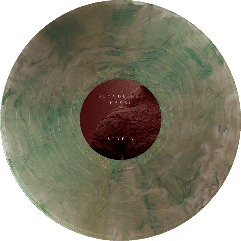 A marbled green and beige limited edition vinyl record labeled Bloodlines by Hekel, Side A, in a striking Vapor Colorway, features a dark red center with textured rock imagery.