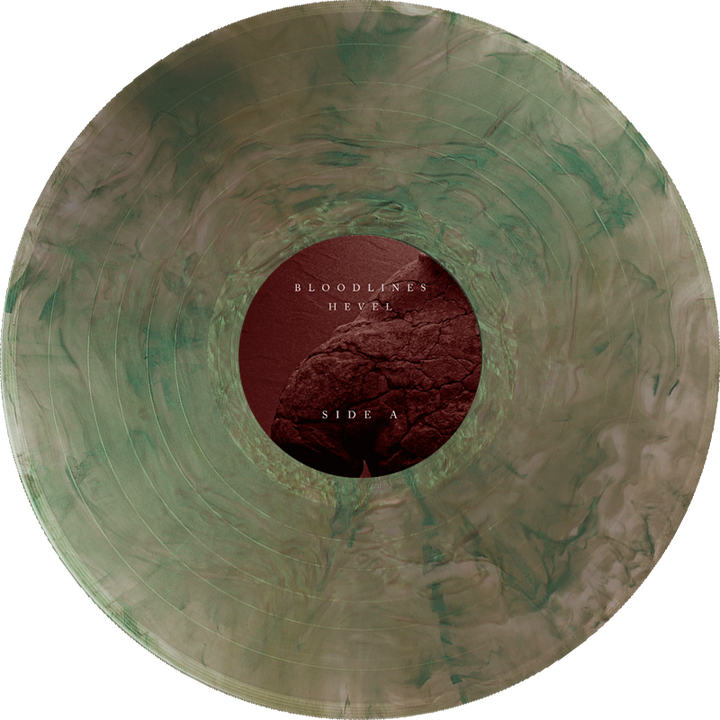 A marbled green and beige limited edition vinyl record labeled Bloodlines by Hekel, Side A, in a striking Vapor Colorway, features a dark red center with textured rock imagery.