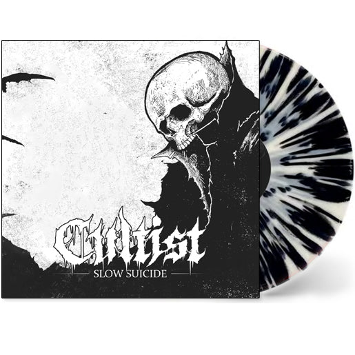 Cultist Achromatic Splatter Vinyl (black-and-white) is partly in its cover, which features bold "Cultist Slow Suicide" text and striking art of a cracked-jaw skull with sharp teeth on a shadowy figure.