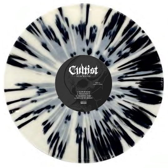 Cultist’s limited edition "Slow Suicide" LP comes on Achromatic Splatter Vinyl, featuring black and white radiating splatter, a dark center label, and includes a digital download card.