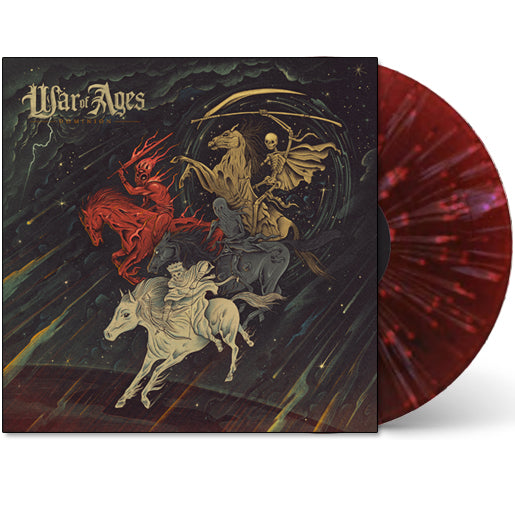 Limited Edition War Of Ages album cover for Dominion shows four horsemen riding under a starry night. The visible vinyl features a bold red and black splatter design.