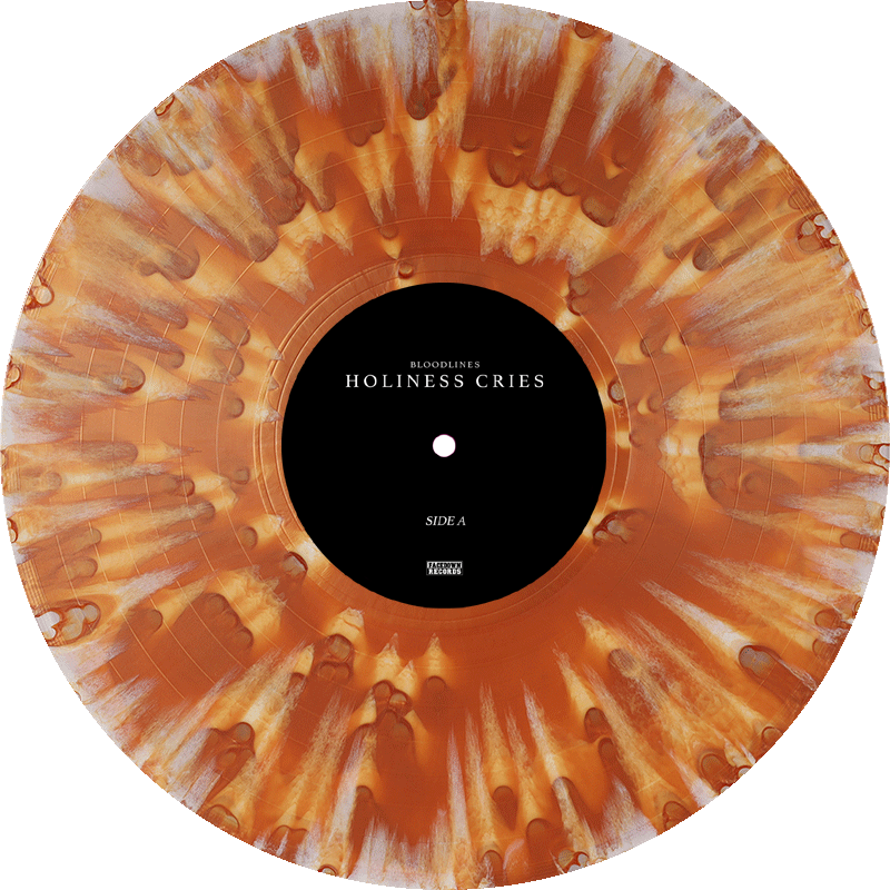 A limited edition vinyl record with a marbled orange and white Solar Colorway pattern. The center label reads BLOODLINES HOLINESS CRIES SIDE A. Includes a download card for digital access.