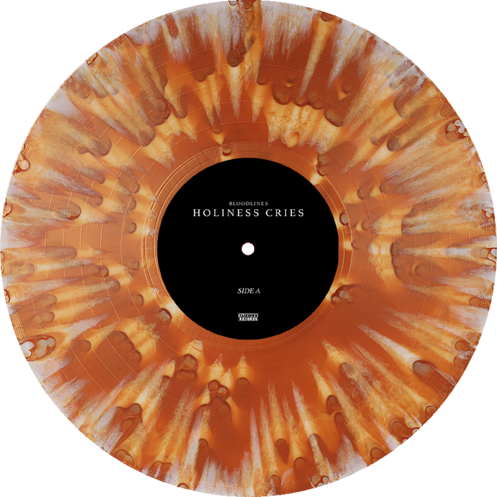 A limited edition vinyl record with a marbled orange and white Solar Colorway pattern. The center label reads BLOODLINES HOLINESS CRIES SIDE A. Includes a download card for digital access.