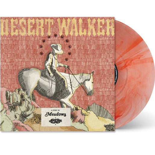A limited edition vinyl with an orange marbled pattern sits partially in a sleeve. The cover art shows a cowboy riding a horse through a desert landscape with DESERT WALKER SEEING RED in large yellow letters at the top, highlighting this special album presale.