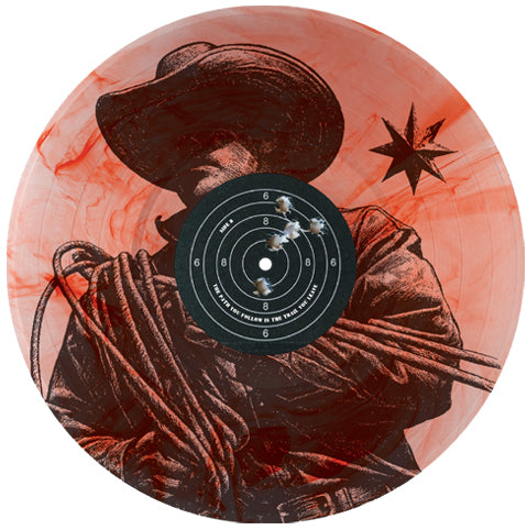 A limited edition vinyl, this marbled red record features an illustration of a cowboy holding a lasso, a black target with bullet holes, and a large star in the background. Desert Walker Seeing Red album presale available now.