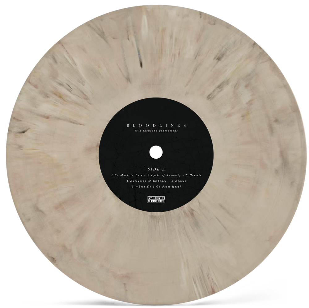 Beige marbled vinyl record titled Bloodlines with a black center label listing track names and the record label Ardawn Records. Pressed in the stunning Pastel Mist colorway, this record features subtle dark streaks for a modern, artistic appearance. Perfect for collectors ahead of its album presale.