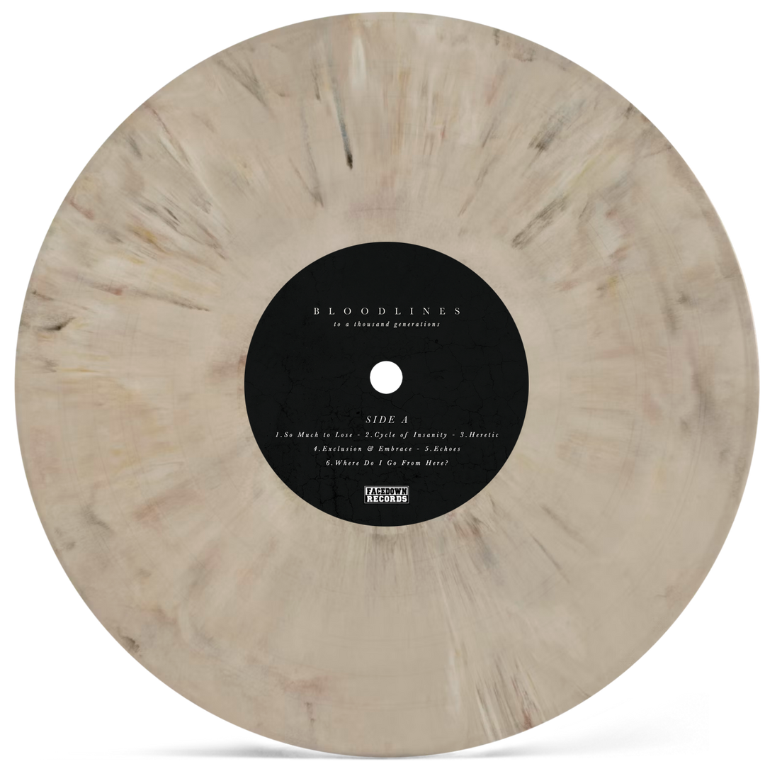 Beige marbled vinyl record titled Bloodlines with a black center label listing track names and the record label Ardawn Records. Pressed in the stunning Pastel Mist colorway, this record features subtle dark streaks for a modern, artistic appearance. Perfect for collectors ahead of its album presale.