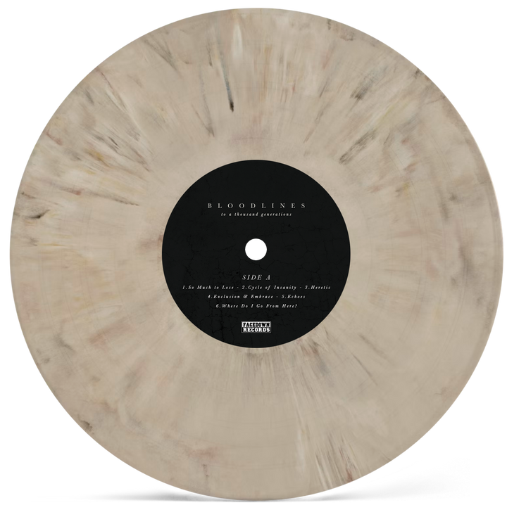 Beige marbled vinyl record titled Bloodlines with a black center label listing track names and the record label Ardawn Records. Pressed in the stunning Pastel Mist colorway, this record features subtle dark streaks for a modern, artistic appearance. Perfect for collectors ahead of its album presale.
