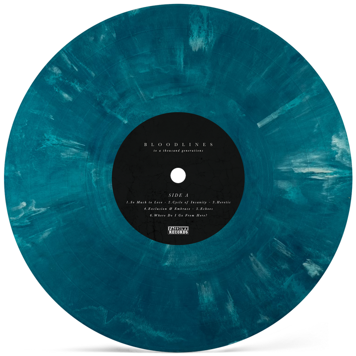A teal marble limited edition vinyl record with a black center label that reads BLOODLINES and lists song titles, including “To A Thousand Generations Sea Of Glass.” The record features swirling blue and white patterns and is available for album presale.
