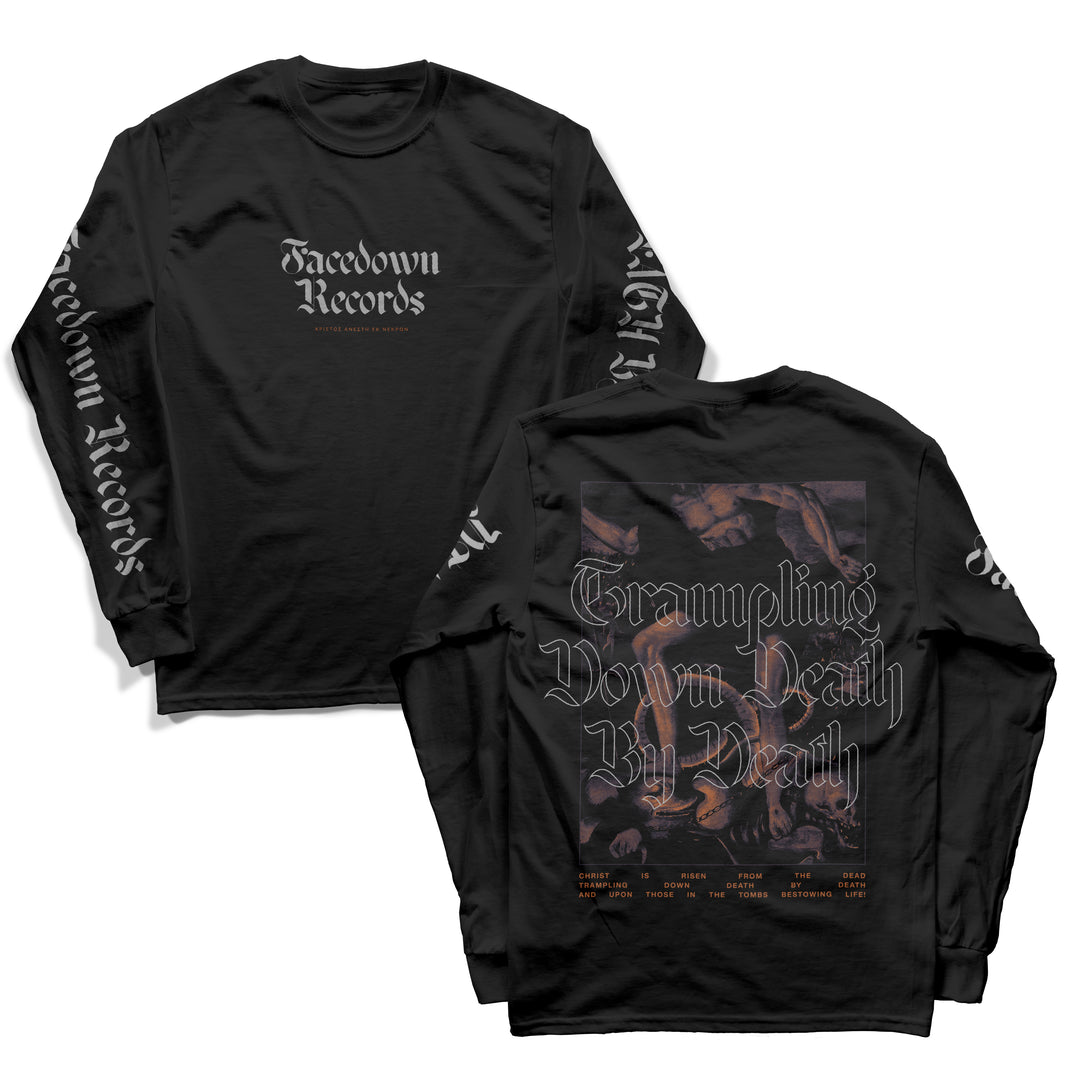 Black long-sleeve shirt made from 100% jersey cotton. This American Apparel long sleeve features Facedown Records on the chest, Facedown text down the sleeves, and striking back artwork with “Trampling Down Death By Death” in large gothic font above a lineup of band names at the bottom. Perfect as a charity donation shirt or to show your support for the scene.