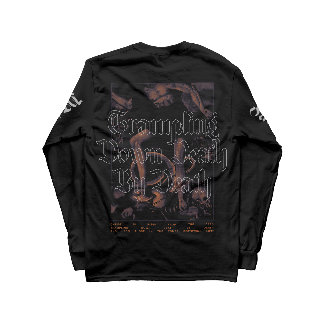 A black Facedown Records long sleeve with gothic “Trampling Down Death By Death” on the back, a classical painting of figures fighting below, and sleeve script—styled as a charity donation shirt for the More Than Sound program.