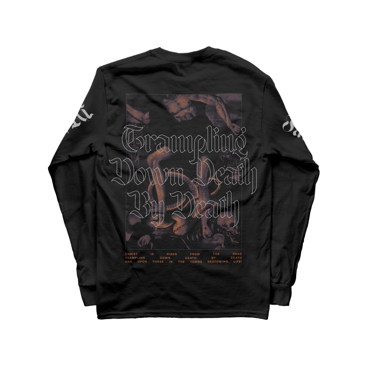 A black Facedown Records long sleeve with gothic “Trampling Down Death By Death” on the back, a classical painting of figures fighting below, and sleeve script—styled as a charity donation shirt for the More Than Sound program.