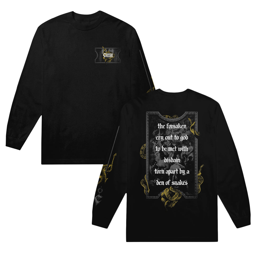Black long-sleeve shirt crafted from soft, preshrunk jersey cotton, with a small front graphic and a large back design featuring gothic text: the forsaken cry out to god to be met with disdain torn apart by a den of snakes, surrounded by gold snake illustrations. This American Apparel long sleeves piece combines comfort with striking style.