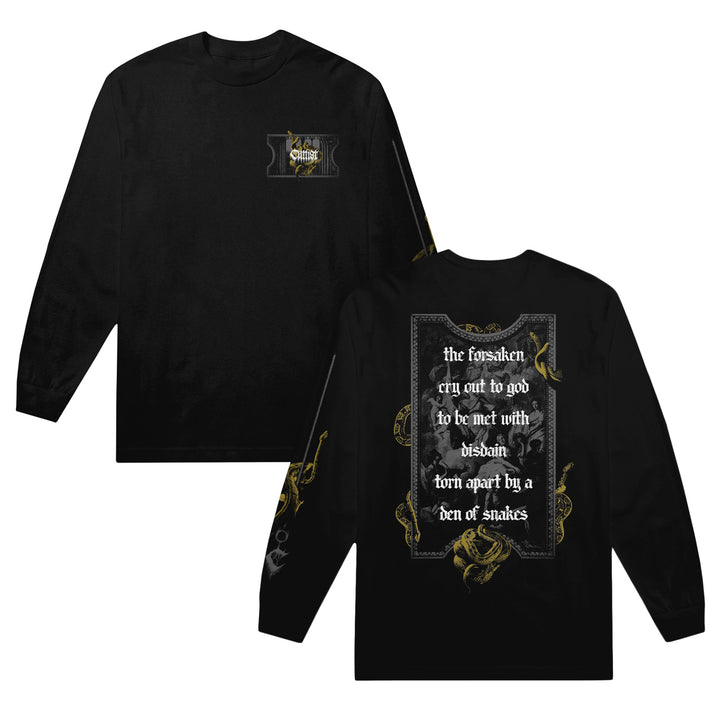 Black long-sleeve shirt crafted from soft, preshrunk jersey cotton, with a small front graphic and a large back design featuring gothic text: the forsaken cry out to god to be met with disdain torn apart by a den of snakes, surrounded by gold snake illustrations. This American Apparel long sleeves piece combines comfort with striking style.