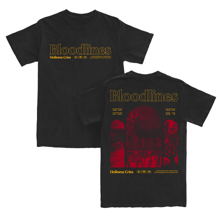 Two black Comfort Colors T-Shirts with yellow Bloodlines and Holiness Cries text. The back features red illustrations, including arches, figures, an eye, and abstract designs. Made from garment-dyed, ring-spun cotton for a soft and comfortable feel.