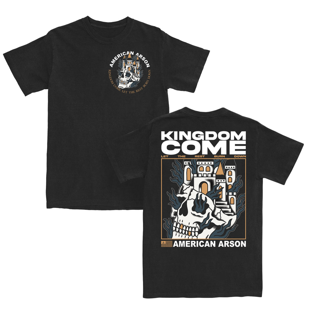 Black t-shirt crafted from 100% cotton with American Arson and skull design on the front. The relaxed fit ensures comfort, while the back showcases a large graphic of a skull with a castle on top and bold Kingdom Come text, along with American Arson at the bottom, all in signature American Apparel quality.
