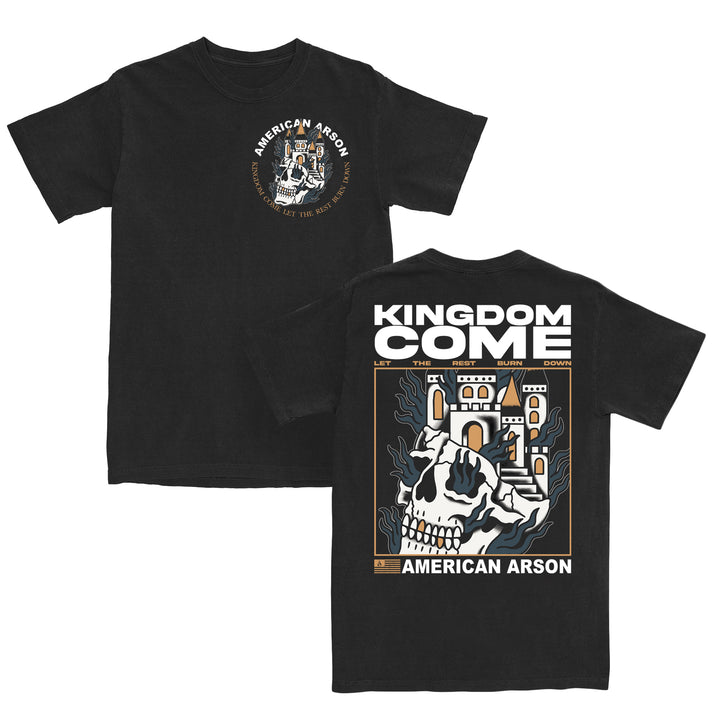 Black t-shirt crafted from 100% cotton with American Arson and skull design on the front. The relaxed fit ensures comfort, while the back showcases a large graphic of a skull with a castle on top and bold Kingdom Come text, along with American Arson at the bottom, all in signature American Apparel quality.