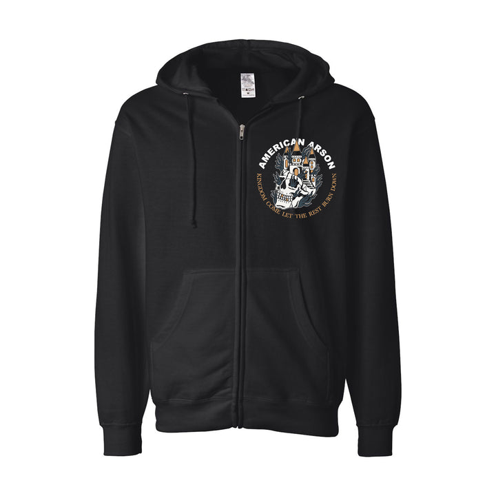 Black zip-up hoodie with a front pocket and an AMERICAN ARSON logo on the chest, featuring two hands gripping a torch and the text DONT LET THIS BURN OUT. Crafted from soft fleece ring-spun cotton for ultimate comfort and durability.