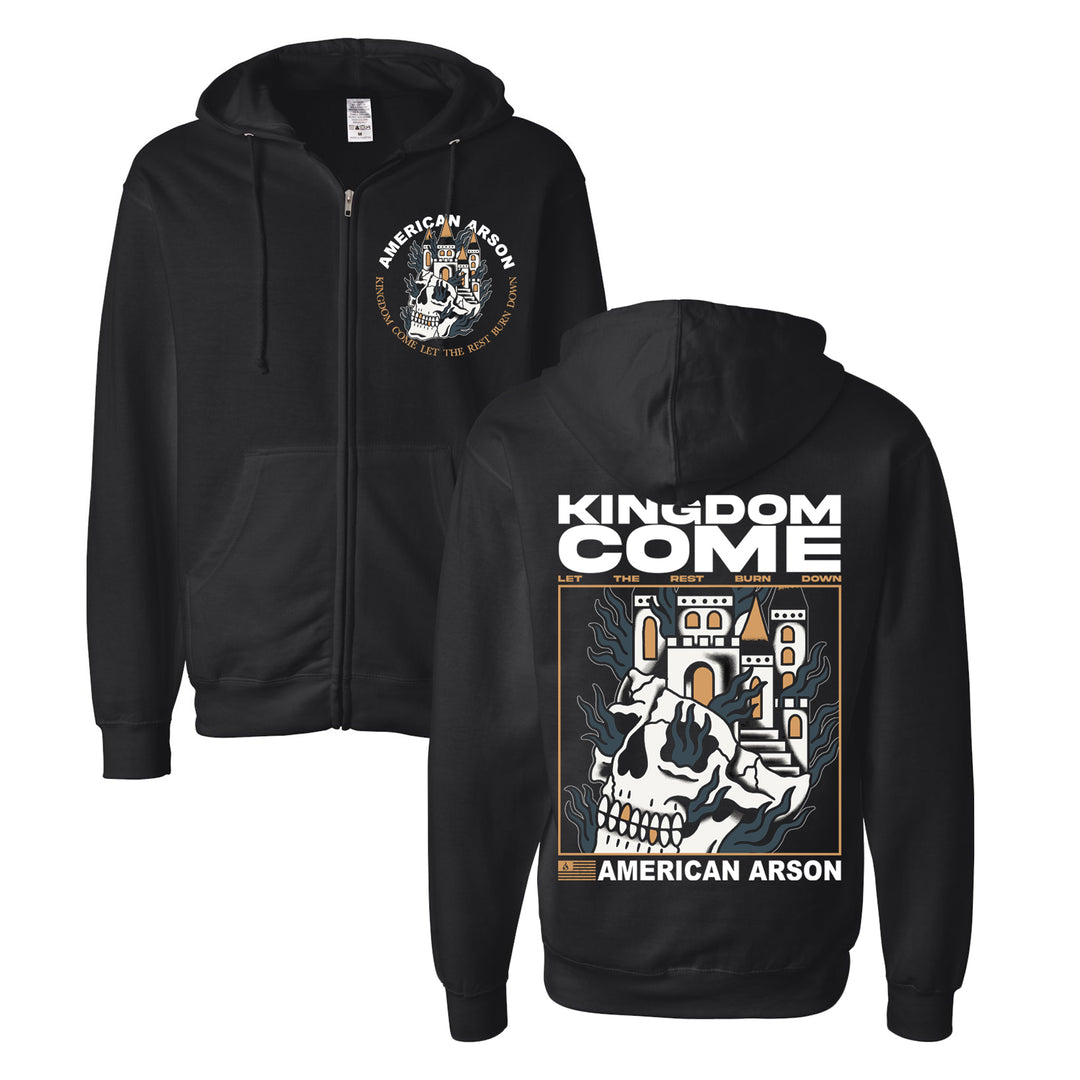 Black hoodie with front and back prints crafted from premium ring-spun cotton for ultimate comfort. The front features a small skull and American Arson text, while the back showcases a large castle, skull graphic, and Kingdom Come text above, with American Arson at the bottom. This design is also available as an Independent Trading Co. Zip-Up for fans who prefer a fleece zip-up style.