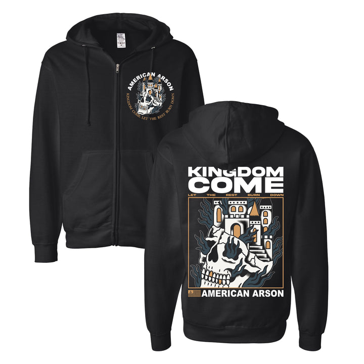 Black hoodie with front and back prints crafted from premium ring-spun cotton for ultimate comfort. The front features a small skull and American Arson text, while the back showcases a large castle, skull graphic, and Kingdom Come text above, with American Arson at the bottom. This design is also available as an Independent Trading Co. Zip-Up for fans who prefer a fleece zip-up style.