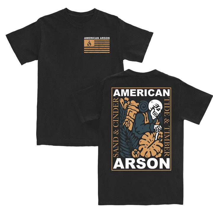 This black American Apparel T-shirt is made from 100% cotton and features a relaxed fit for all-day comfort. The front displays the American Arson text with a small flag design, while the back showcases a striking skeleton holding an axe, accompanied by Sand & Cinder, Tide & Timber, and band name text.