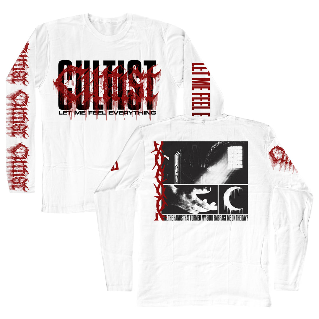 White, 100% cotton long sleeve t-shirt featuring bold black and red graphics. CULTIST and LET ME FEEL EVERYTHING emblazoned on the front, with red barbed designs down both sleeves. The back showcases a large black-and-white image with striking text, crafted in classic American Apparel style for comfort and quality.