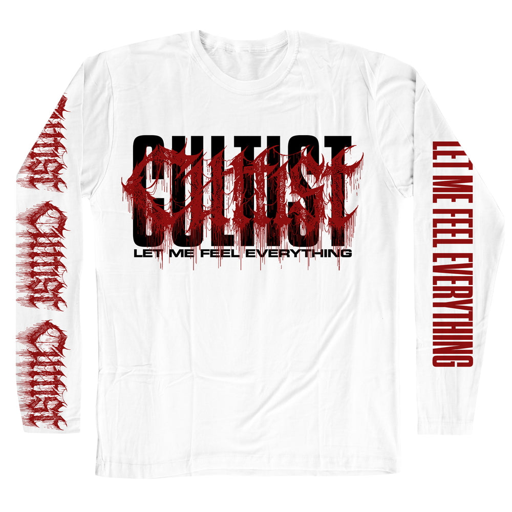 A white long sleeve t-shirt made from 100% cotton, featuring CULTIST Let Me Feel Everything in distressed red and black text on the front, with matching red designs and text running down both sleeves. Crafted in the classic American Apparel style for a comfortable fit.