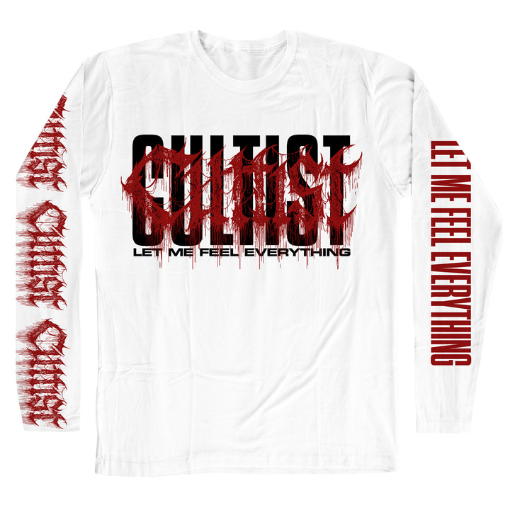 A white long sleeve t-shirt made from 100% cotton, featuring CULTIST Let Me Feel Everything in distressed red and black text on the front, with matching red designs and text running down both sleeves. Crafted in the classic American Apparel style for a comfortable fit.