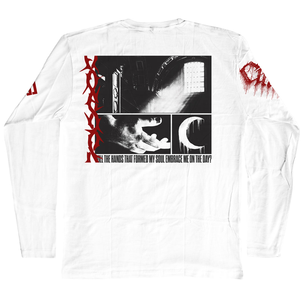 White long-sleeve t-shirt crafted from 100% cotton in the classic American Apparel fit, featuring a striking black-and-white graphic comic-style design on the back, detailed with red barbed wire art and text that reads, Will the hands that formed my soul embrace me on the day?.