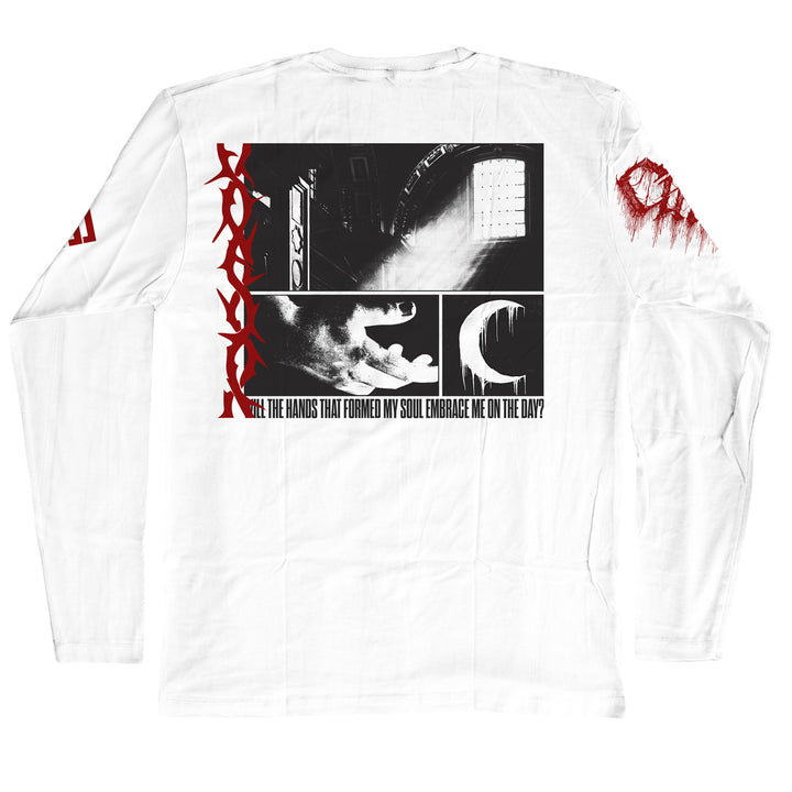 White long-sleeve t-shirt crafted from 100% cotton in the classic American Apparel fit, featuring a striking black-and-white graphic comic-style design on the back, detailed with red barbed wire art and text that reads, Will the hands that formed my soul embrace me on the day?.