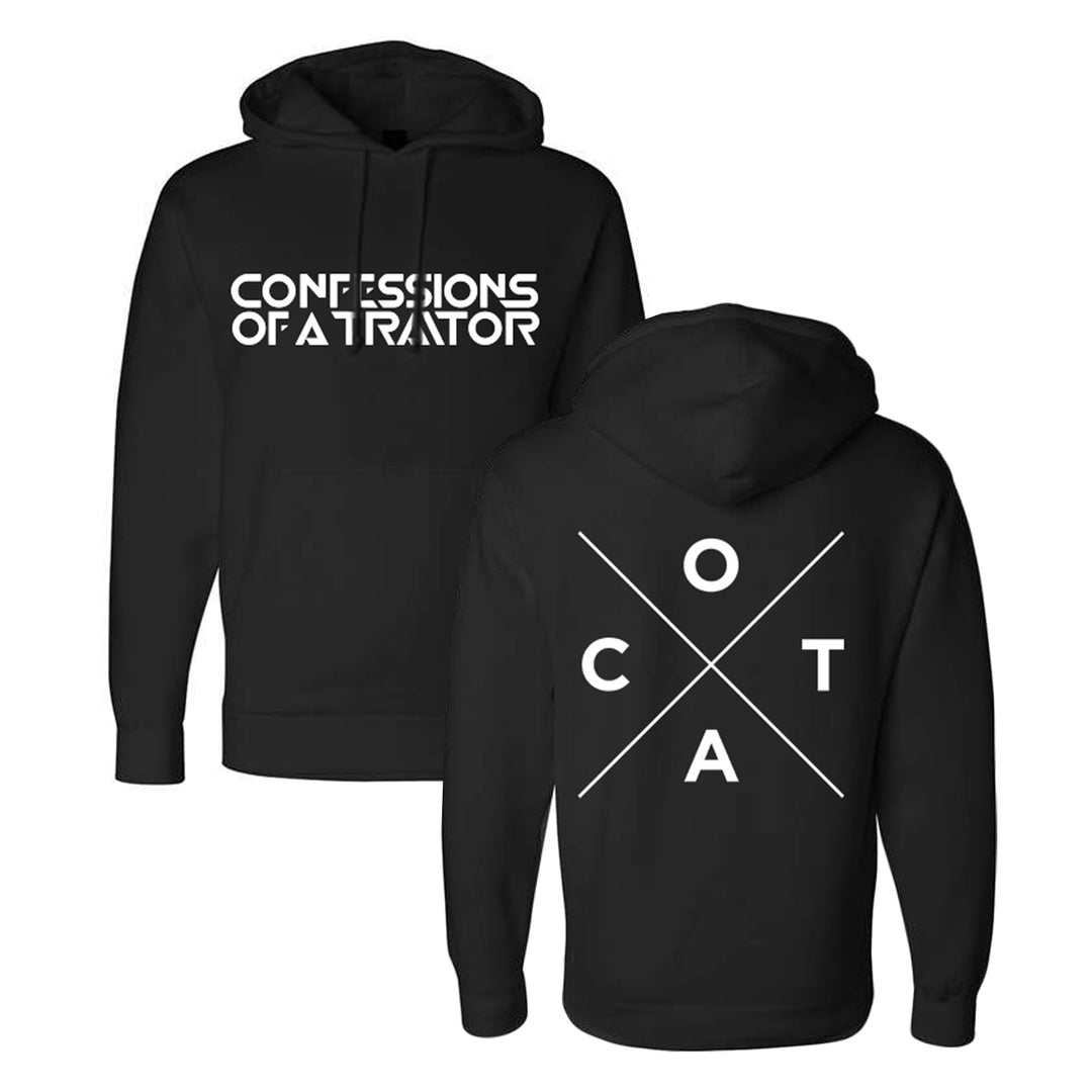 Black hoodie crafted from premium ring-spun cotton with a cozy fleece lined hood. Features “Confessions of a Traitor” on the front in bold white text. The back showcases large white COTA letters arranged within a stylish crossed lines design, making this one of our must-have pullovers.