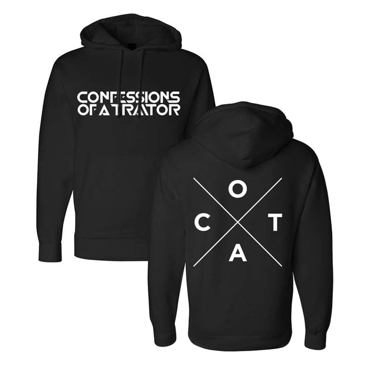 Black hoodie crafted from premium ring-spun cotton with a cozy fleece lined hood. Features “Confessions of a Traitor” on the front in bold white text. The back showcases large white COTA letters arranged within a stylish crossed lines design, making this one of our must-have pullovers.