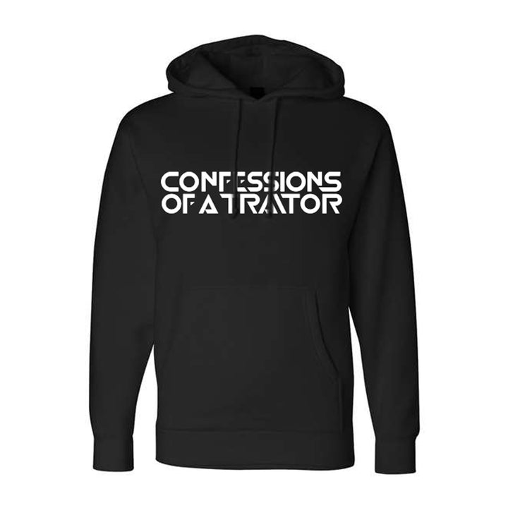 Black pullover hoodie with a cozy fleece lined hood and a handy front pocket, featuring the text CONFESSIONS OF A TRAITOR in bold white capital letters across the chest. Crafted from soft ring-spun cotton for ultimate comfort and style.